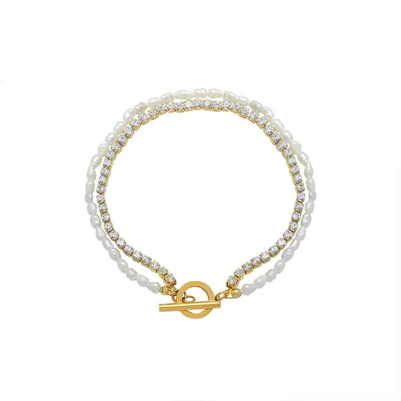 Double Layer Freshwater Pearl and Zircon 18K Gold Bracelet for Women