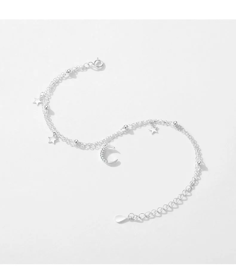 Double Layered Sterling Silver Star Moon Bracelet for Women with Zircon Accents