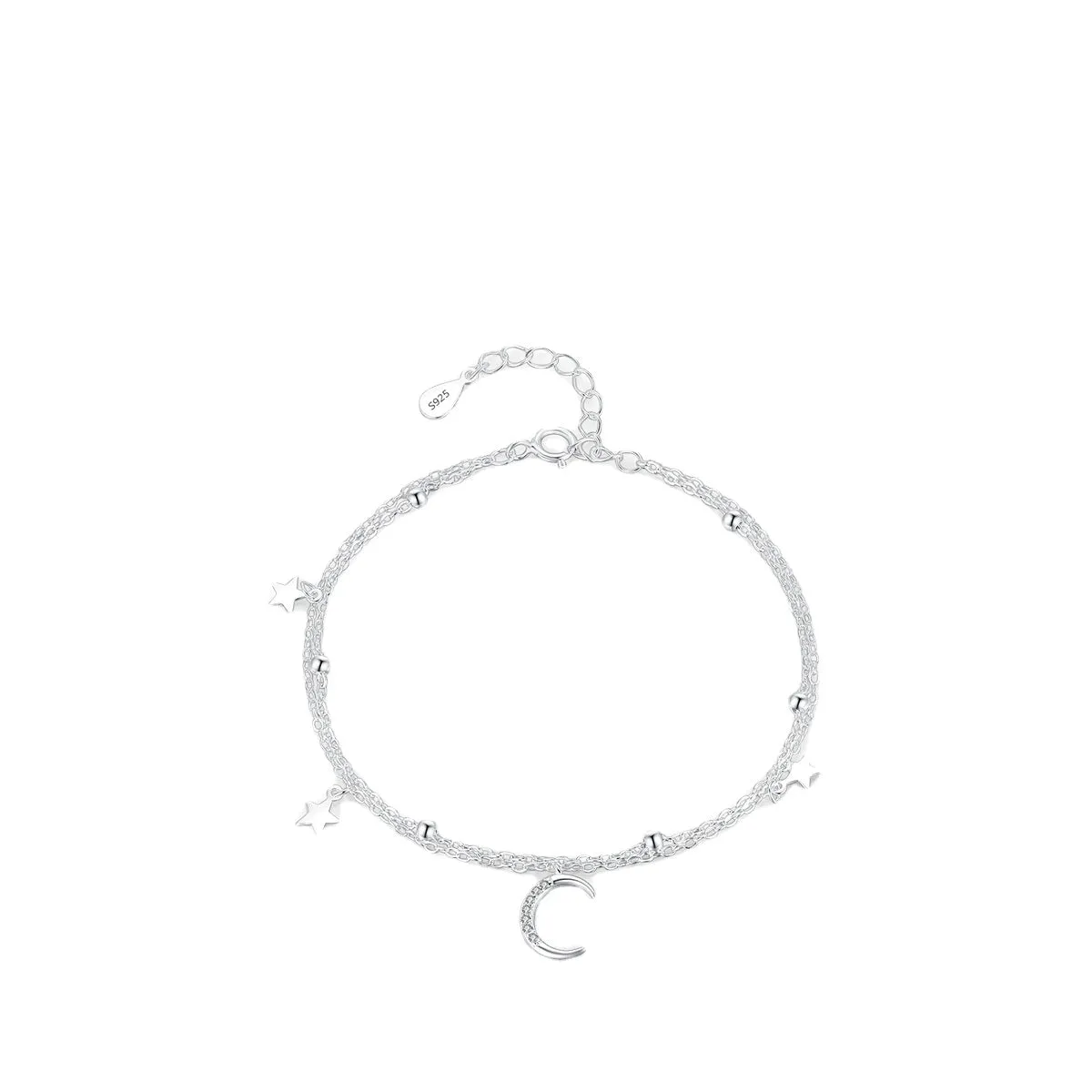 Double Layered Sterling Silver Star Moon Bracelet for Women with Zircon Accents