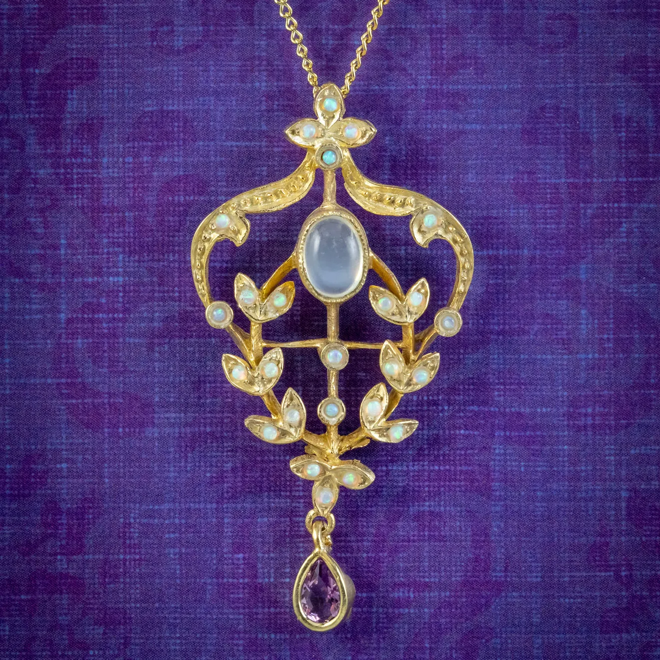 Edwardian Style Opal Moonstone Amethyst Pendant Necklace 18ct Gold On Silver