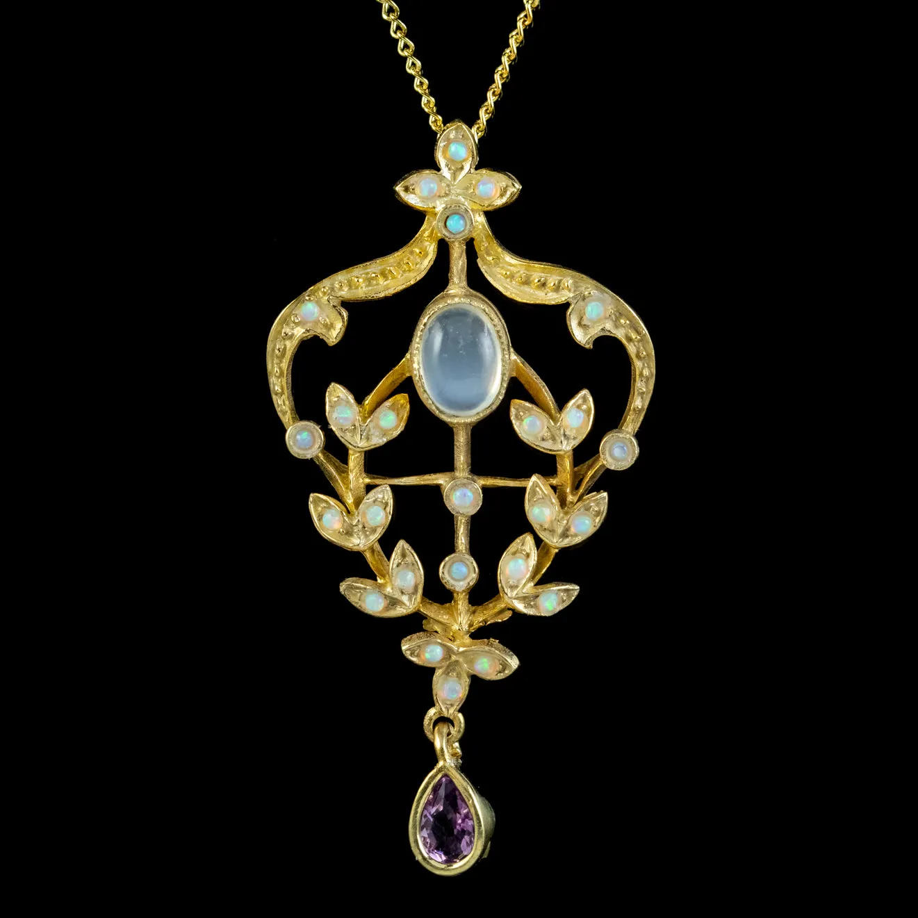 Edwardian Style Opal Moonstone Amethyst Pendant Necklace 18ct Gold On Silver