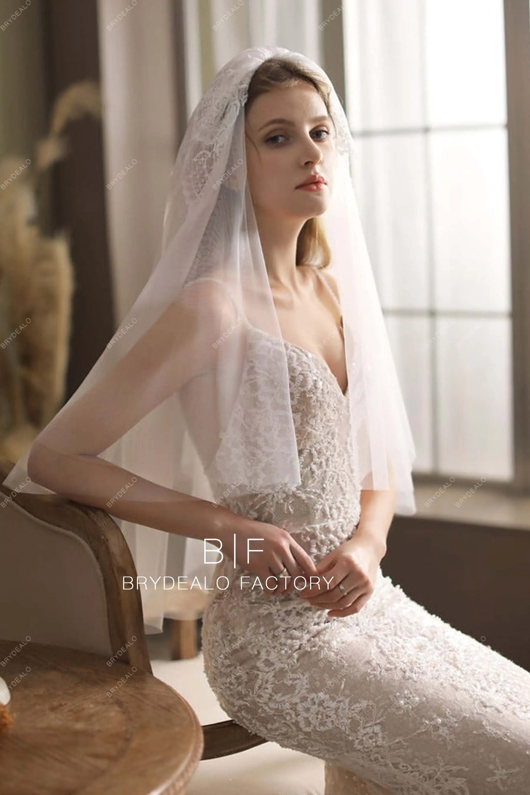 Elbow Length Wedding Veil Wholesale Lace Adorned Raw Cut Veil