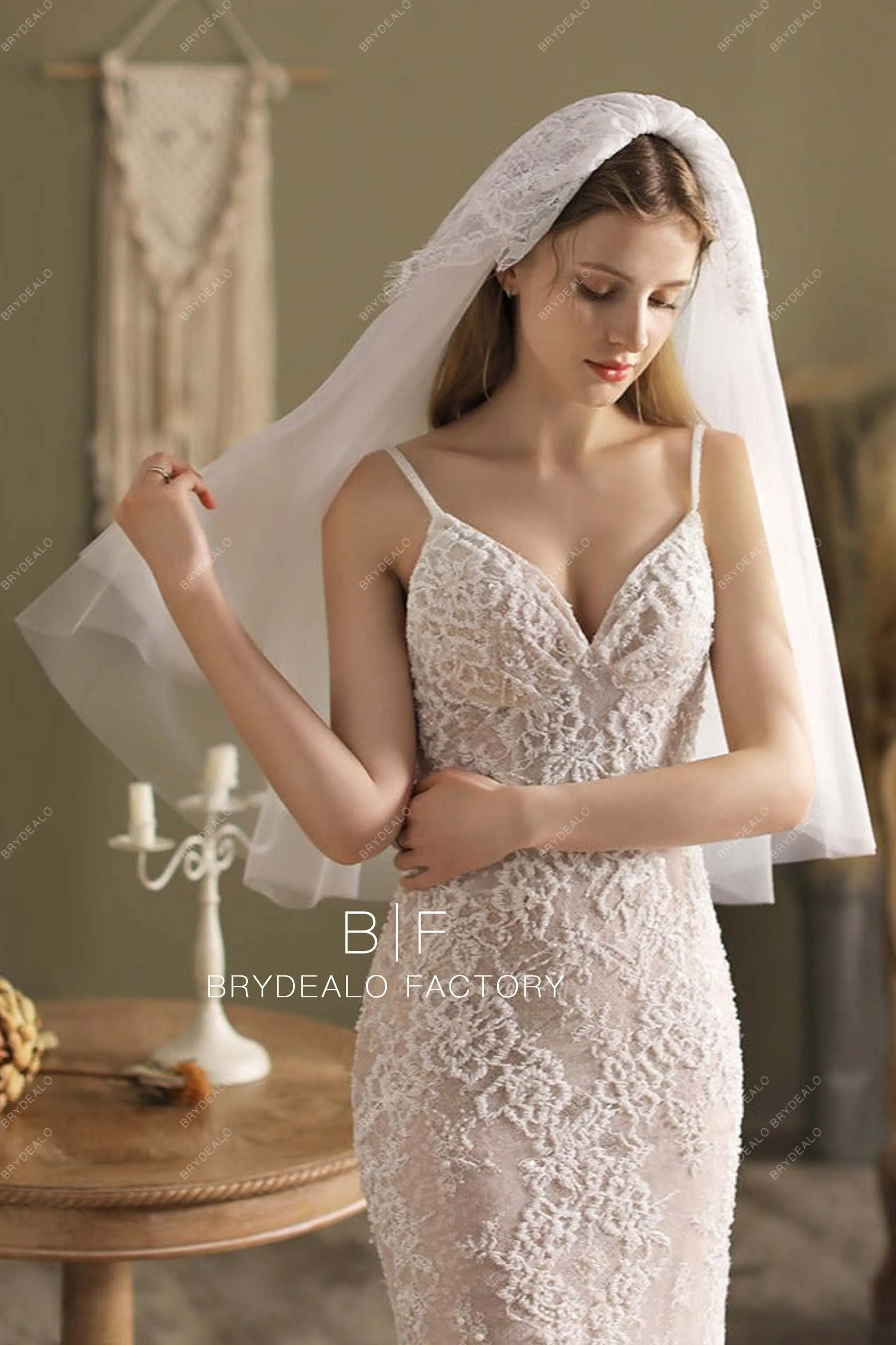 Elbow Length Wedding Veil Wholesale Lace Adorned Raw Cut Veil