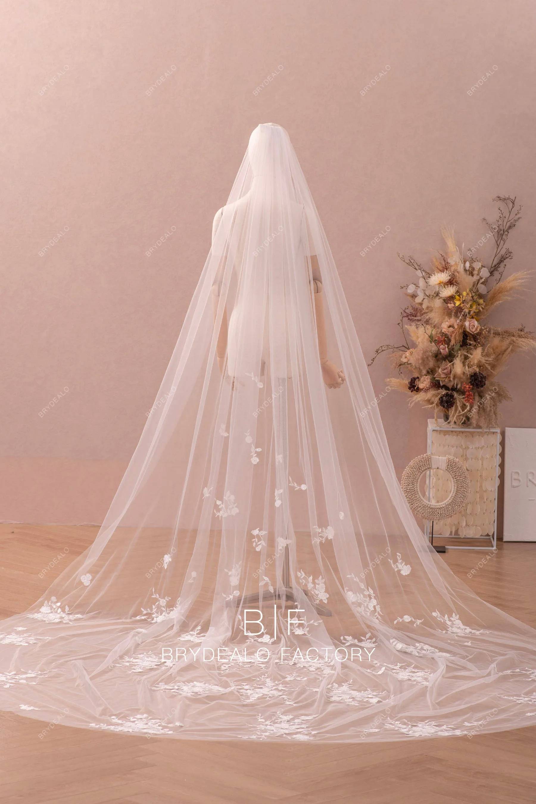 Elegant Ivory Cathedral Bridal Veil with Flower Lace Appliques