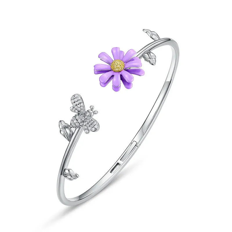 Enamel Purple Daisy Zircon Bee Sterling Silver Bracelet