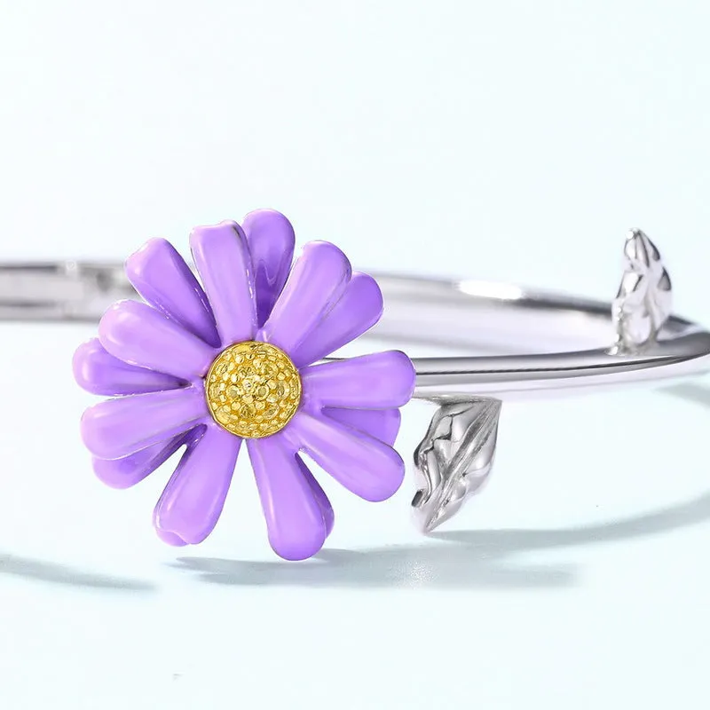 Enamel Purple Daisy Zircon Bee Sterling Silver Bracelet