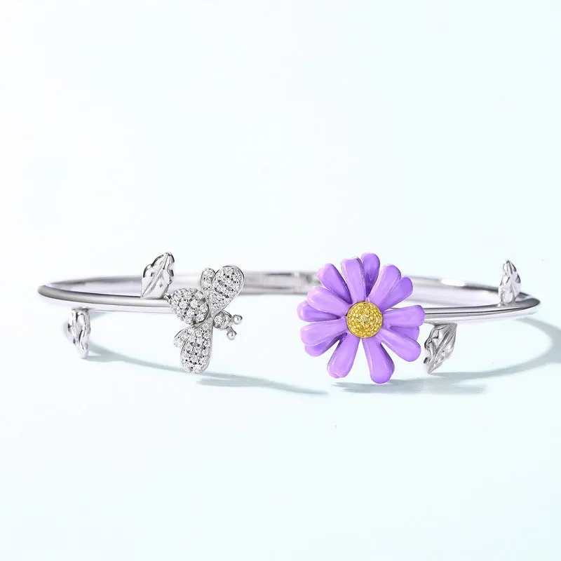 Enamel Purple Daisy Zircon Bee Sterling Silver Bracelet