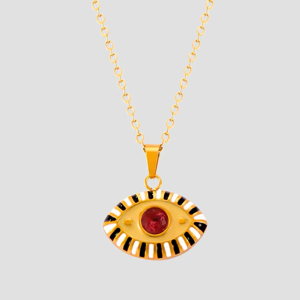 Evil Eye Ruby Gemstone Pendant Necklace - Mustard