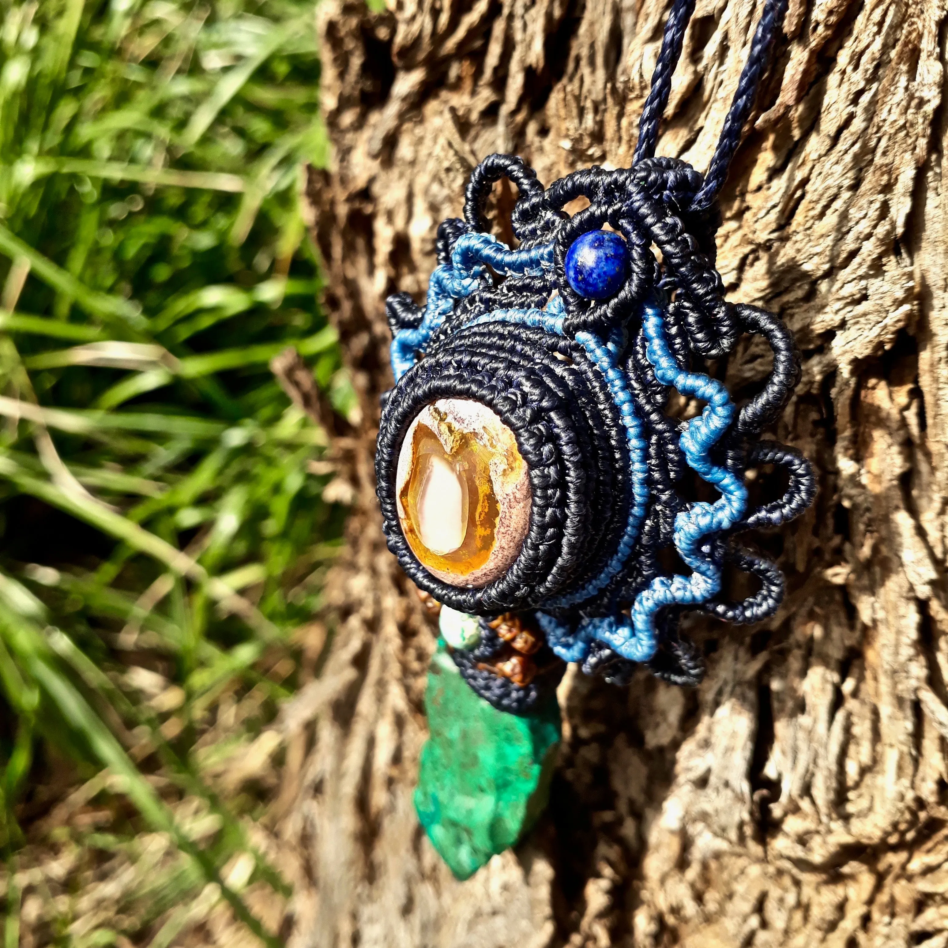 Fire opal and raw chrysocolla pendant