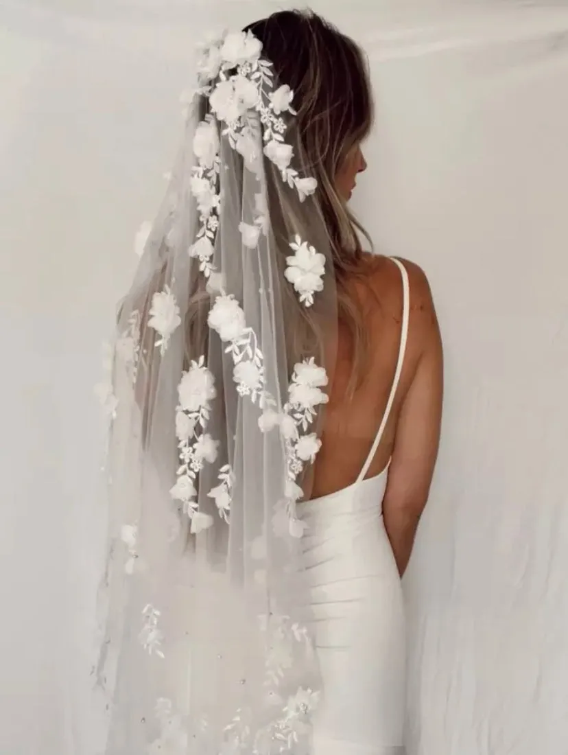 Flora May - Ivory flower & pearl wedding veil One Tier Floral Lace Pearl 3 Dimensional Wedding Veil