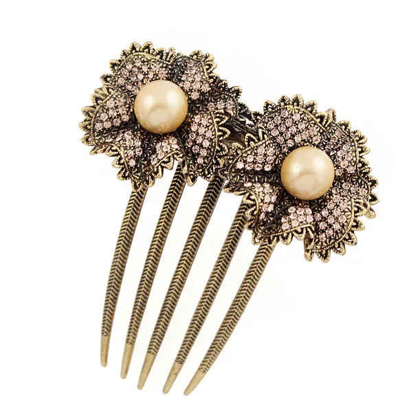 Floral Rhinestone with Pearl Antique Brass French Twist Comb