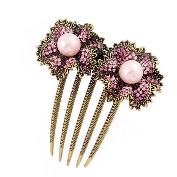 Floral Rhinestone with Pearl Antique Brass French Twist Comb