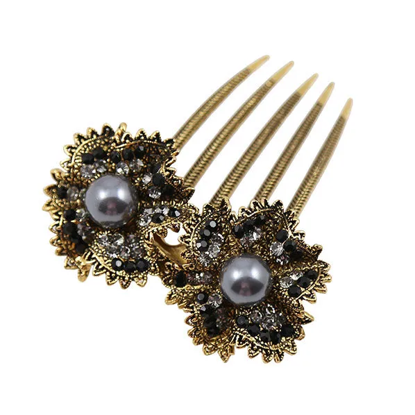 Floral Rhinestone with Pearl Antique Brass French Twist Comb