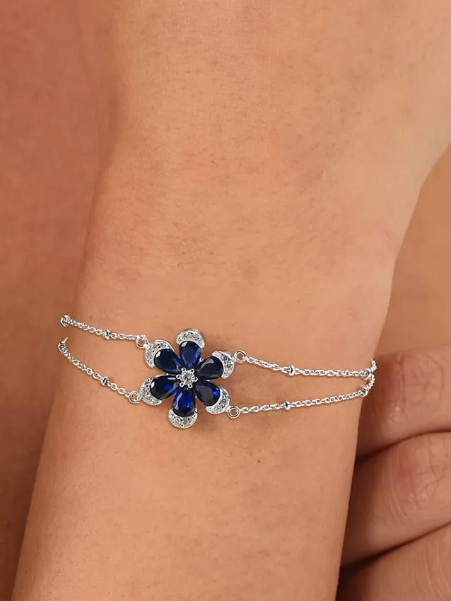 Flower Sapphire Layered Bracelet 925 Sterling Silver Cubic Zirconia Tarnish Free Luxury Women's Jewelry