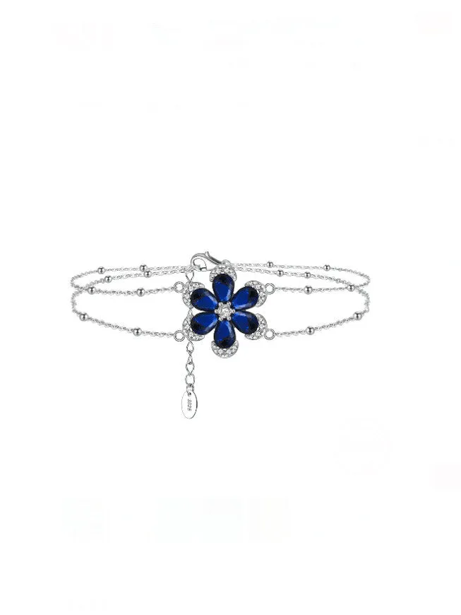 Flower Sapphire Layered Bracelet 925 Sterling Silver Cubic Zirconia Tarnish Free Luxury Women's Jewelry