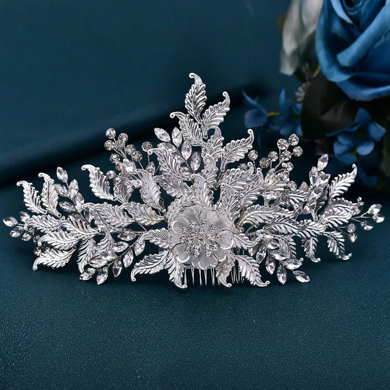 Gleaming Flower Trim Embossed Leaf Rhinestone Embellished Hair Comb - Silver