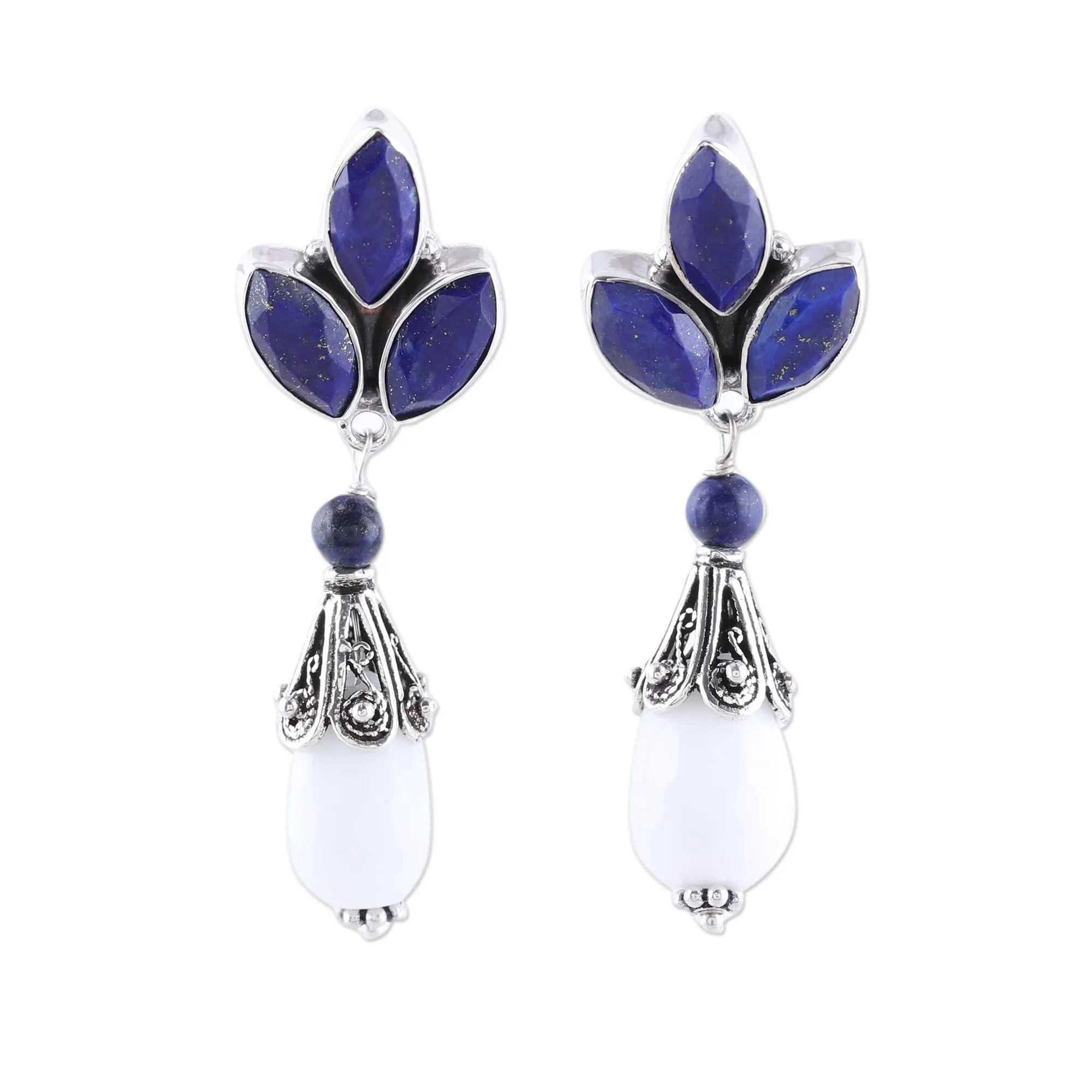 Glowing White Agate and Lapis Lazuli Dangle Earrings from India