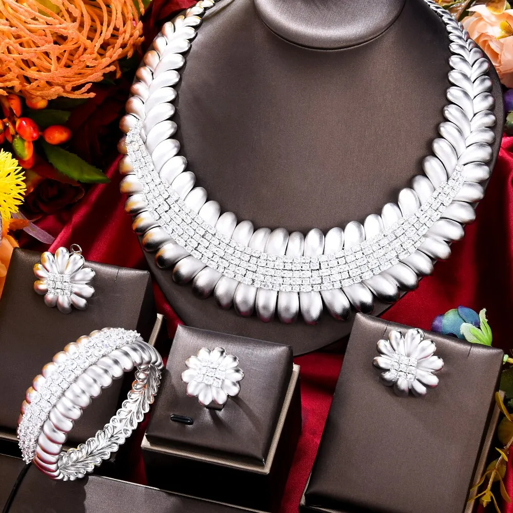 GODKI New Maple Leaf Flower Luxury 4pcs African Dubai Jewelry Set For Women Wedding Party Cubic Zircon Indian Bridal Jewelry Set