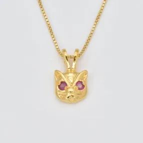 Gold Cat Necklace - Natural Ruby Necklace, Gold Ruby Pendant