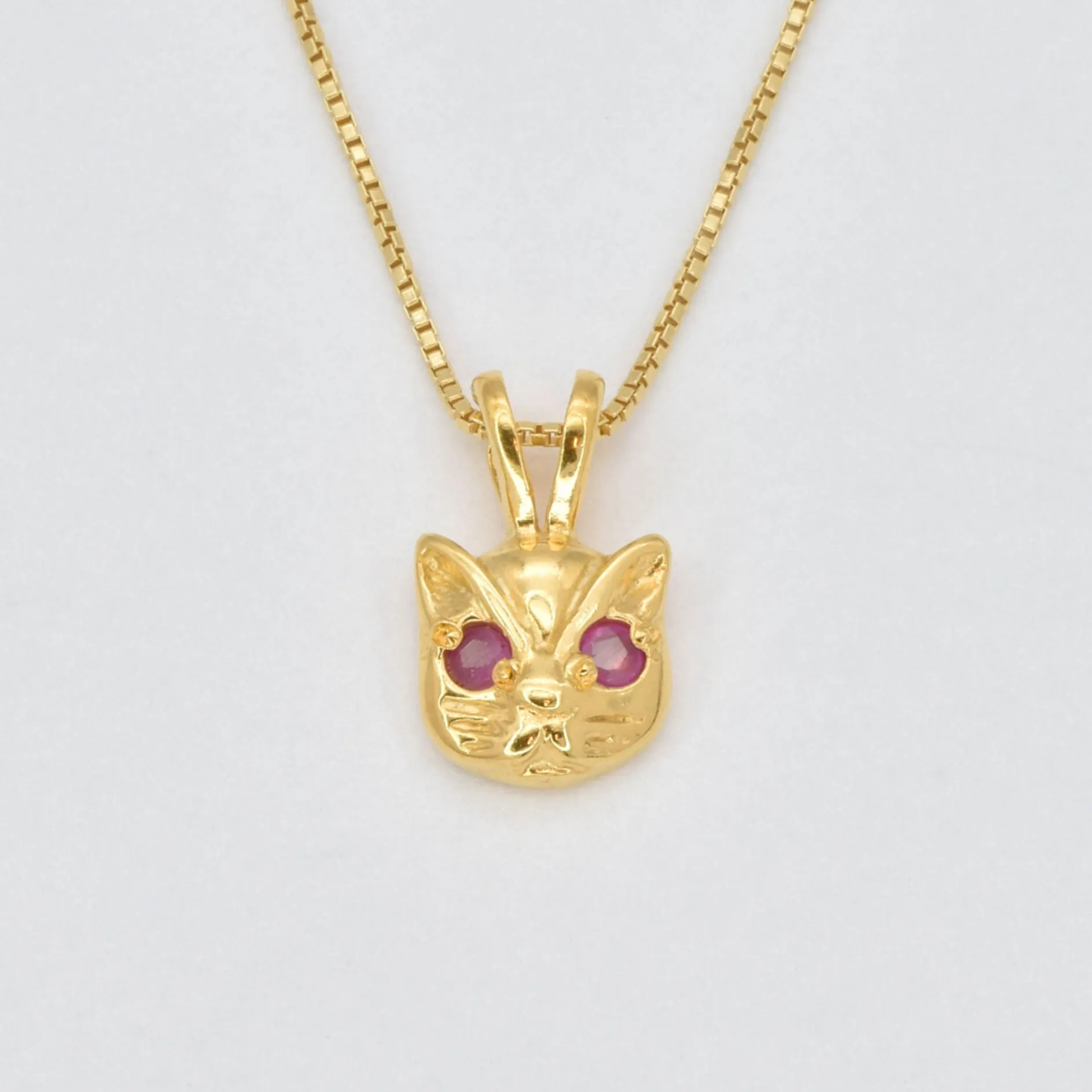 Gold Cat Necklace - Natural Ruby Necklace, Gold Ruby Pendant