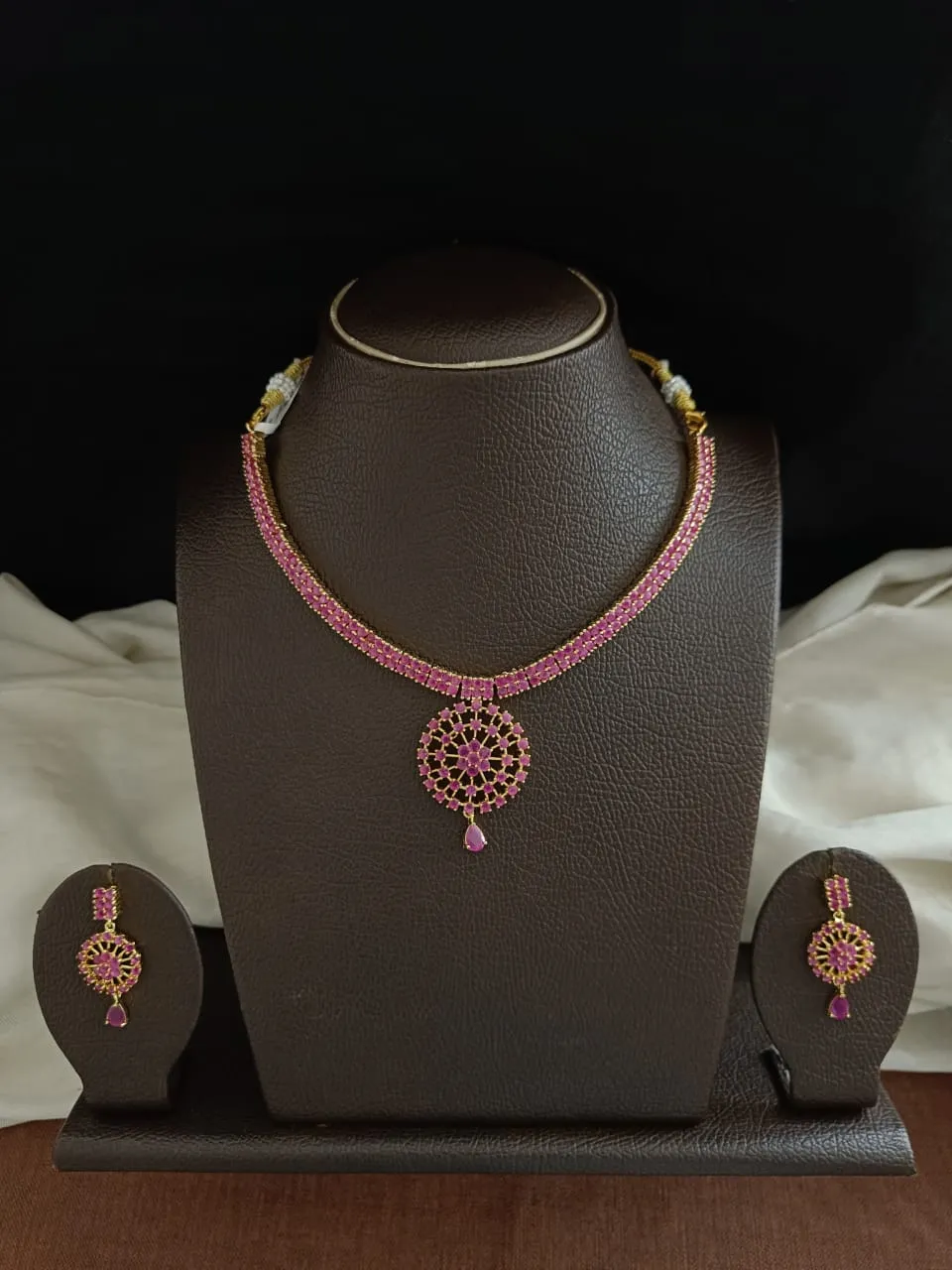 Gold-plated Zircon Necklace Set in Green, Ruby & Black