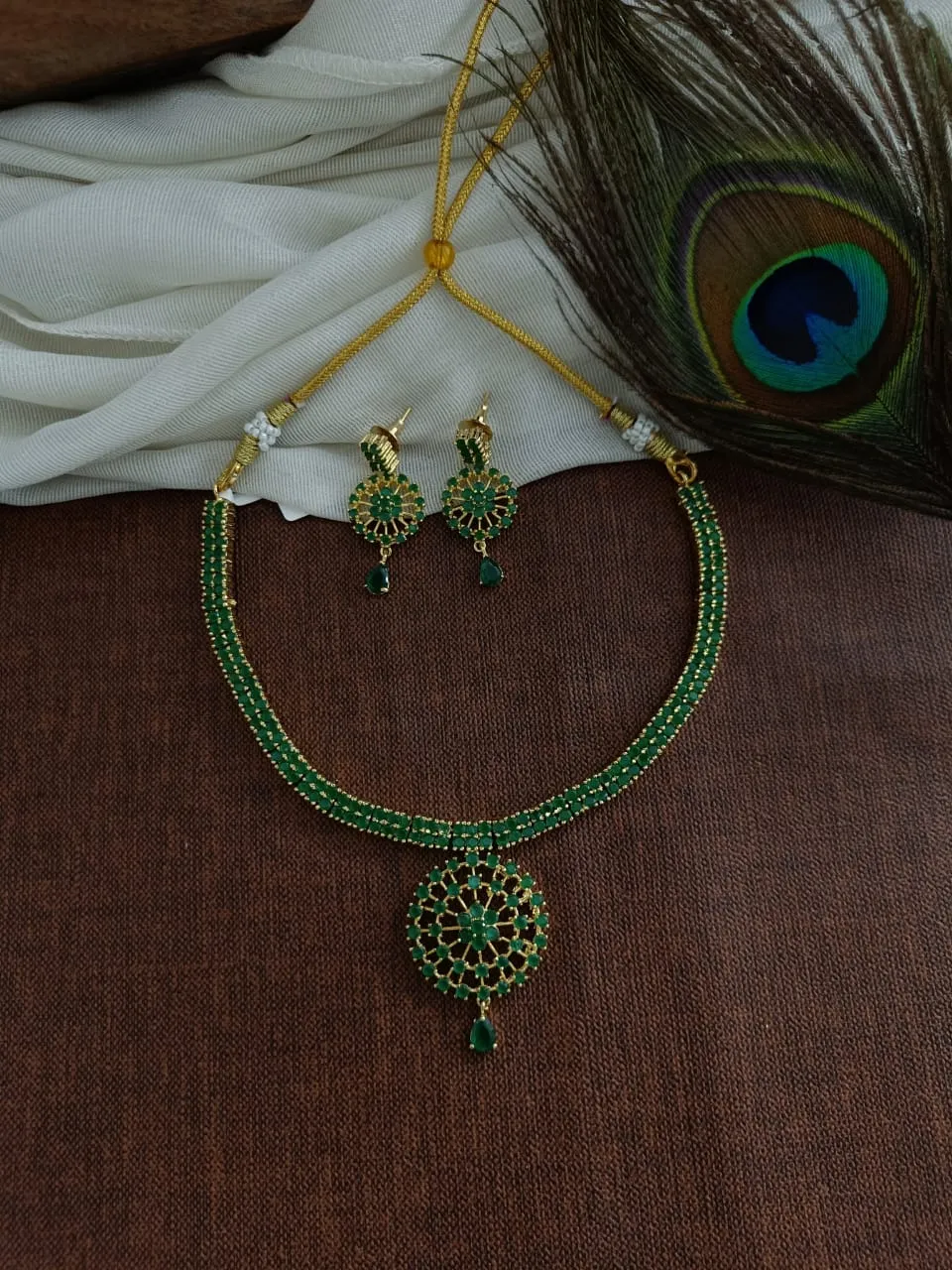 Gold-plated Zircon Necklace Set in Green, Ruby & Black