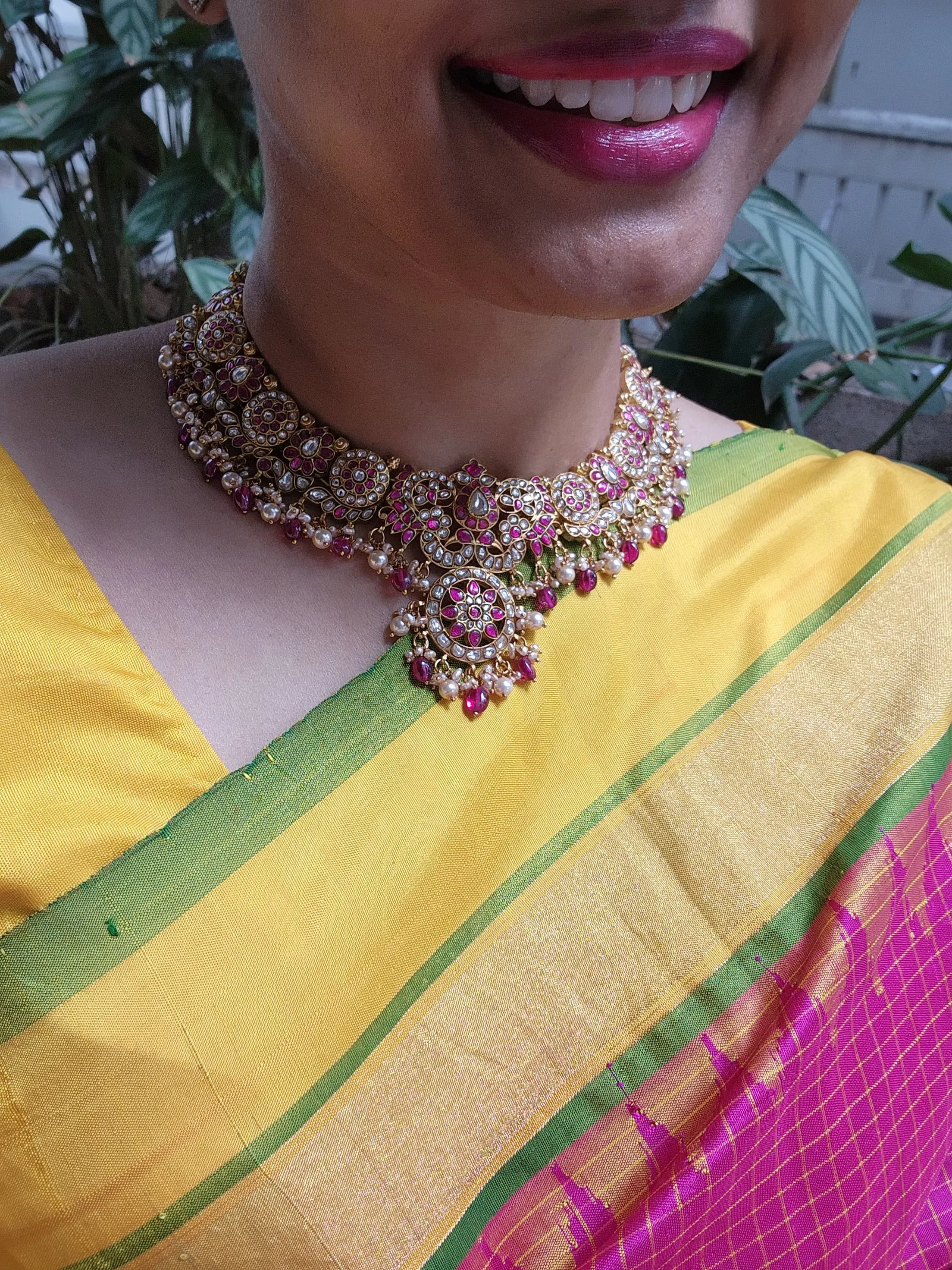 Gold polish kundan & ruby necklace with pearls and ruby beads