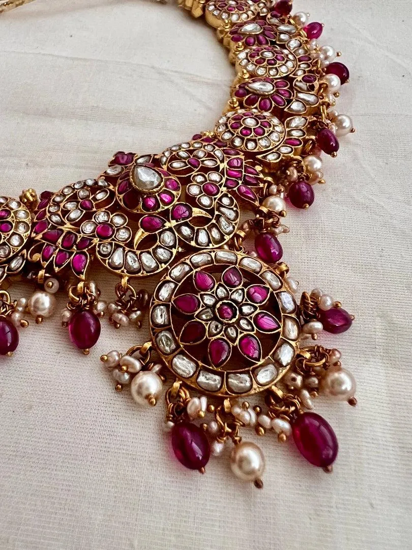 Gold polish kundan & ruby necklace with pearls and ruby beads