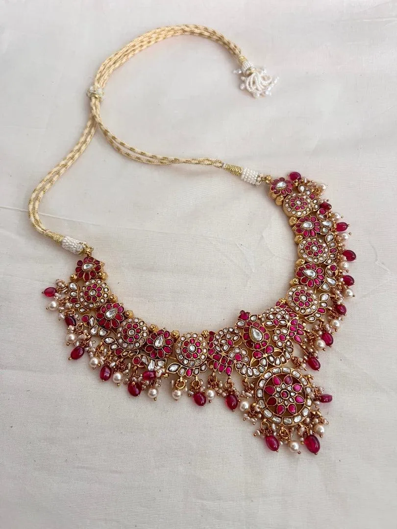 Gold polish kundan & ruby necklace with pearls and ruby beads