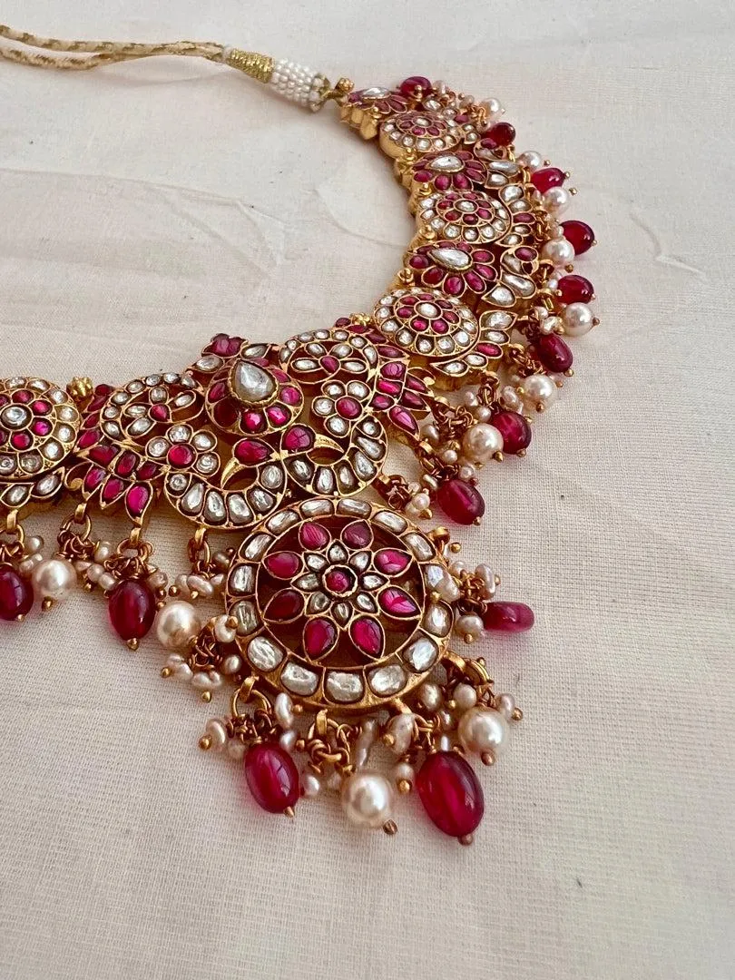 Gold polish kundan & ruby necklace with pearls and ruby beads