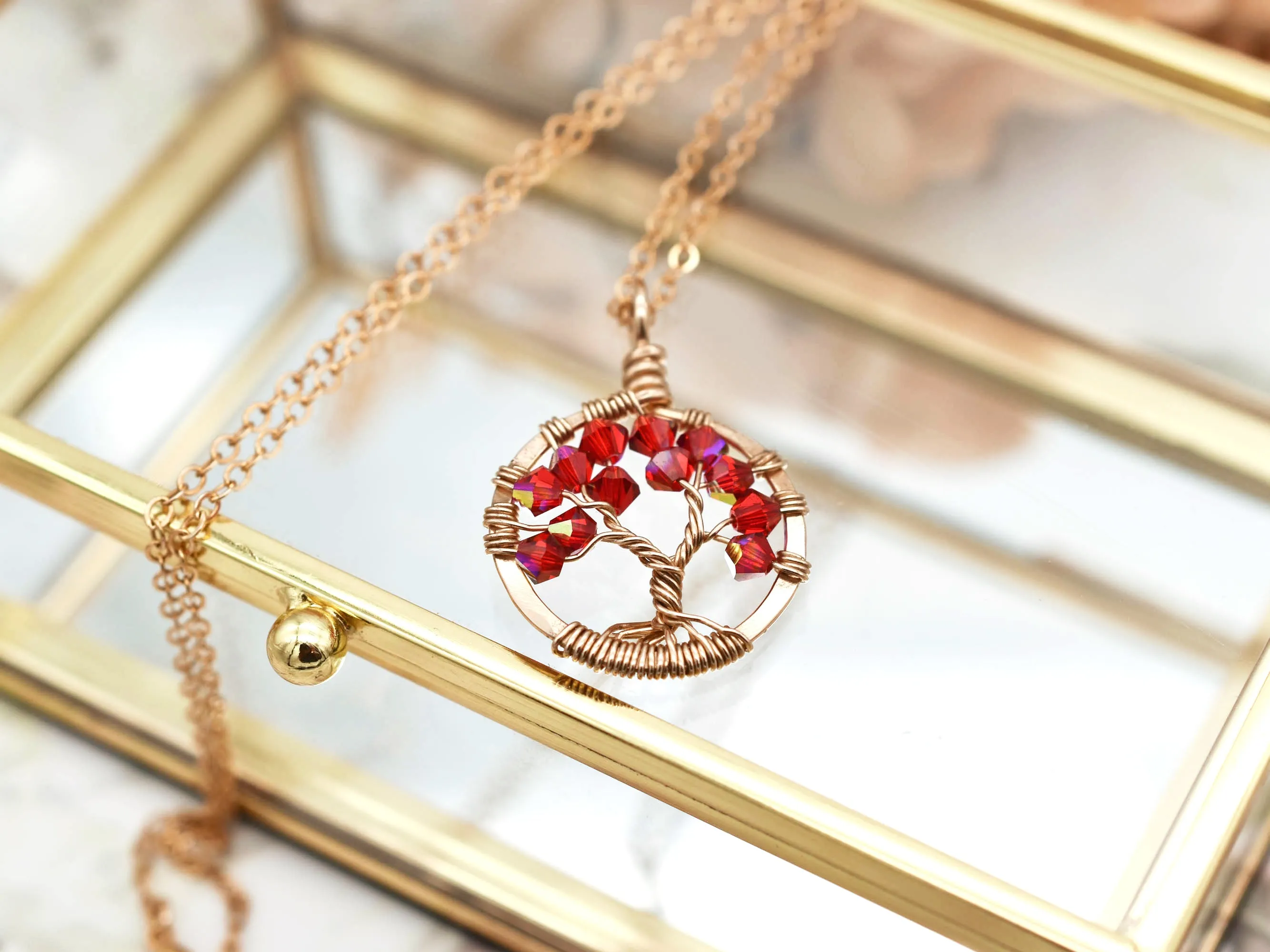 Gold Ruby Tree of Life Crystal Necklace (July)