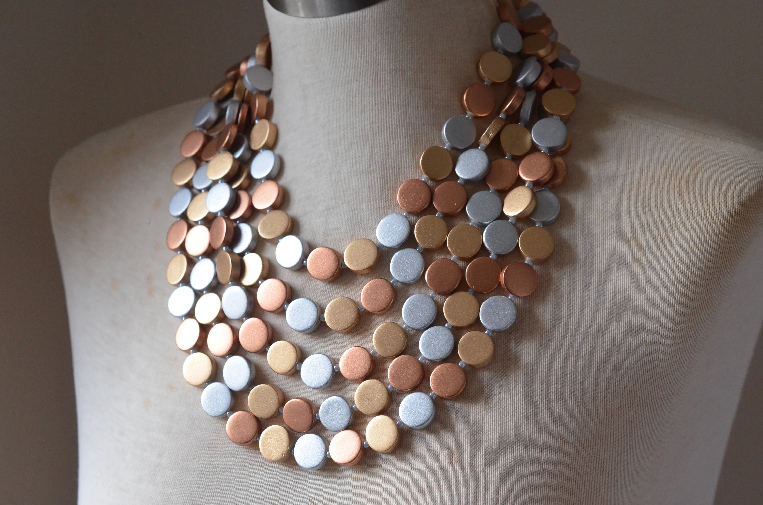 Gold Silver Copper Wood Bead Multi Strand Chunky Necklace - Charlotte