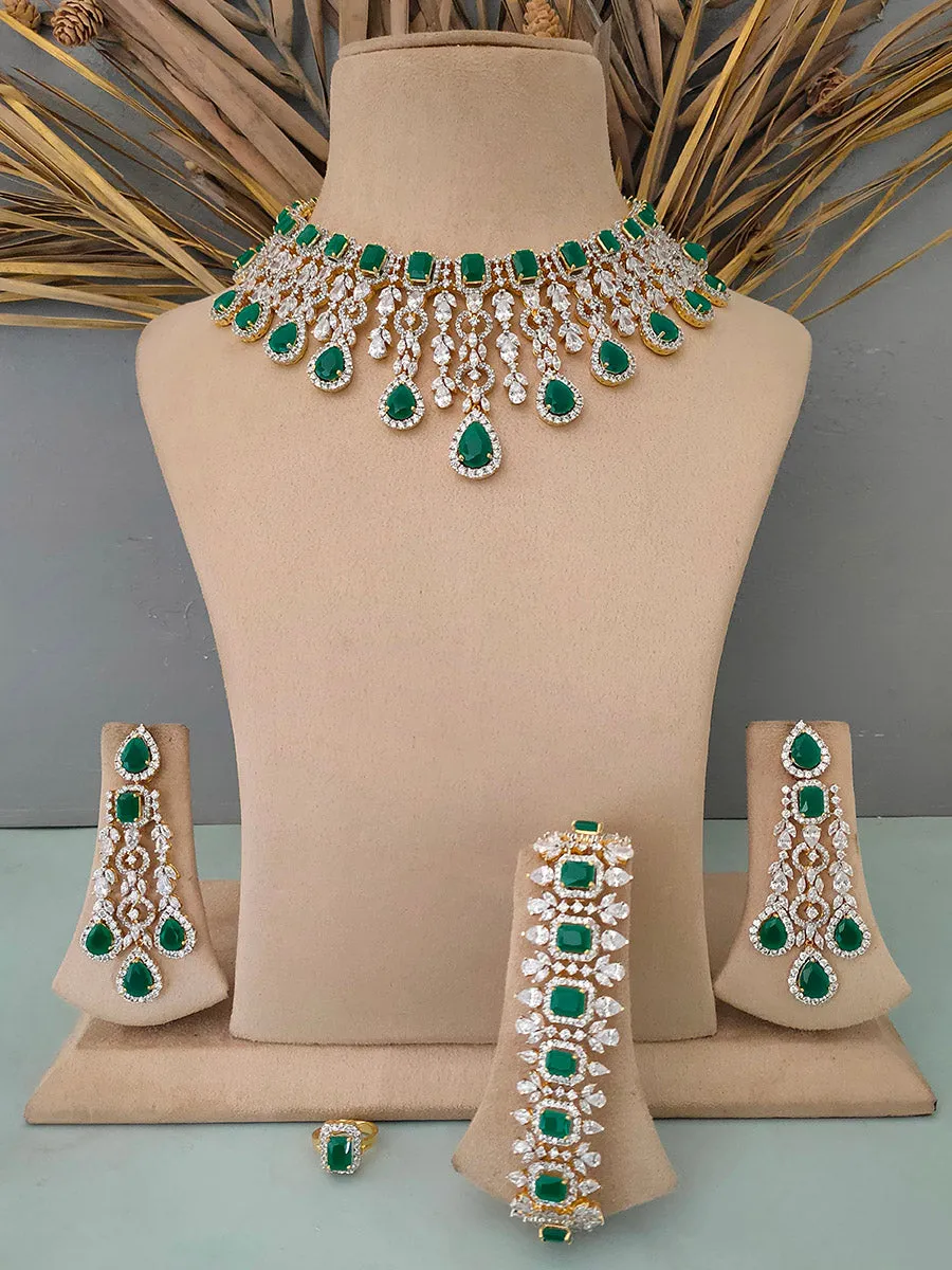 Green Color Gold Plated Faux Diamond Necklace Set - CZSET4GR