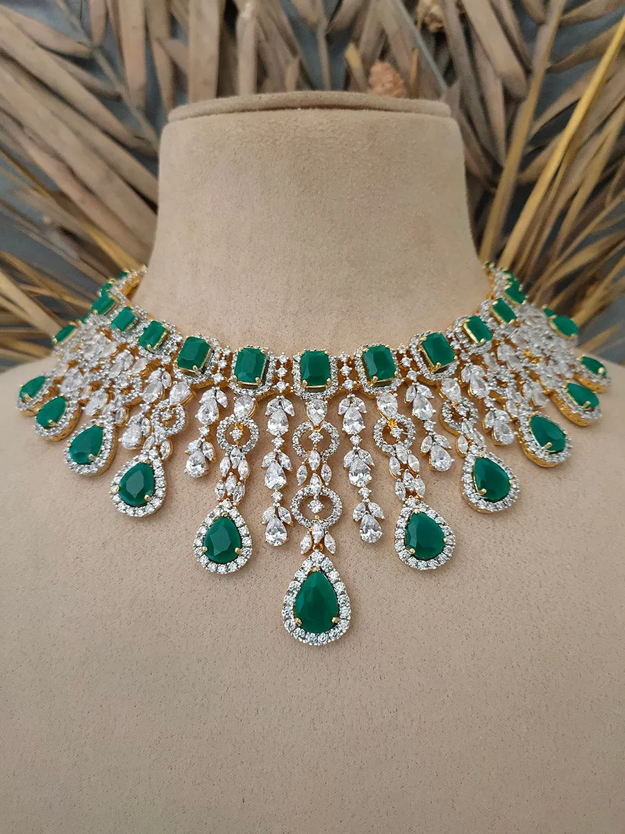 Green Color Gold Plated Faux Diamond Necklace Set - CZSET4GR