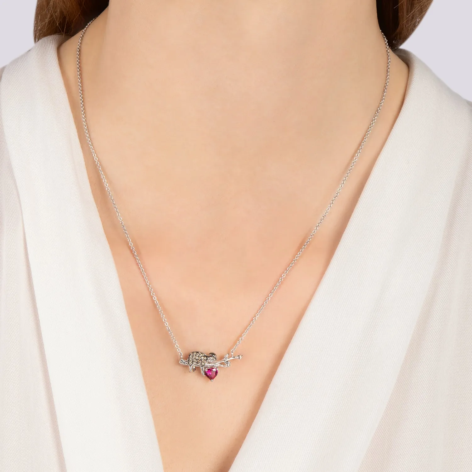 Hallmark Fine Jewelry Sleepy Sloth Necklace in Sterling Silver with Champagne Diamonds & Created Ruby