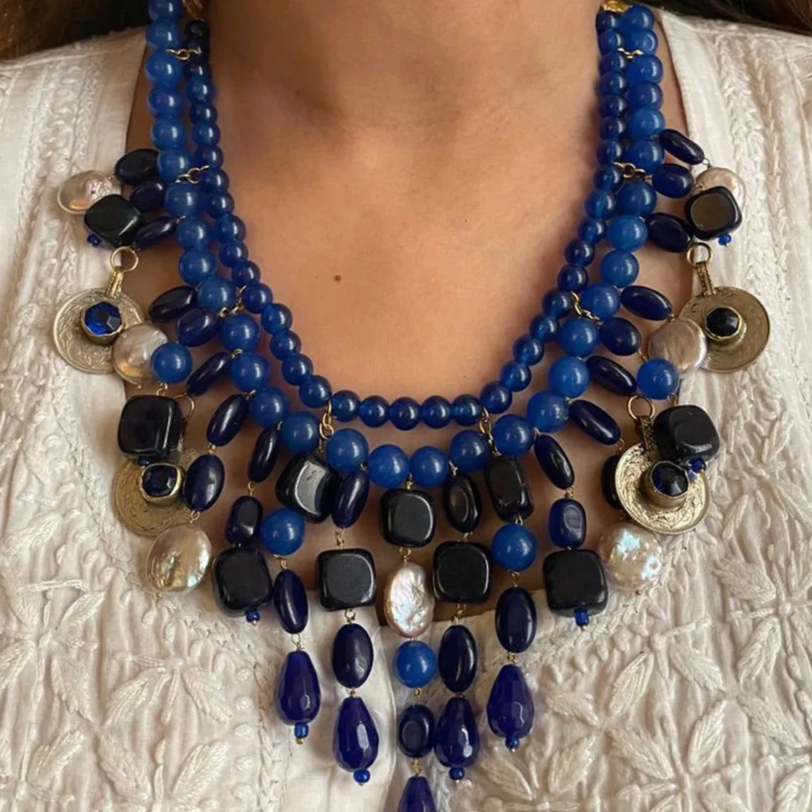 Handcrafted Lapis Choker Mala With Vintage Coins