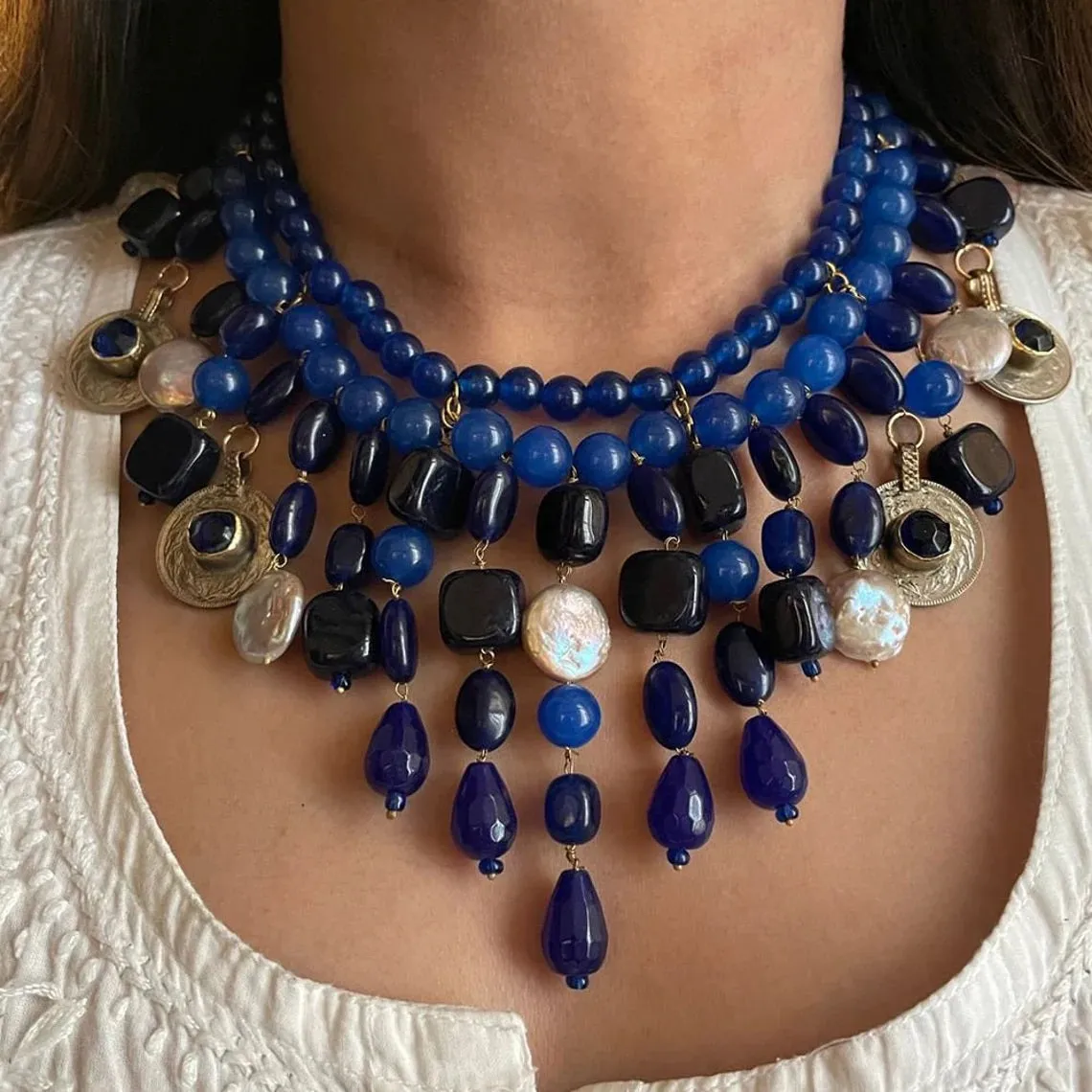 Handcrafted Lapis Choker Mala With Vintage Coins