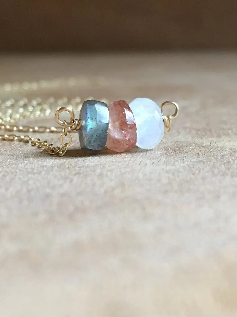 Healing Necklace - Raw Stone Necklace - Moonstone Labradorite Sunstone Necklace - Crystal Healing Jewelry - Silver or Gold