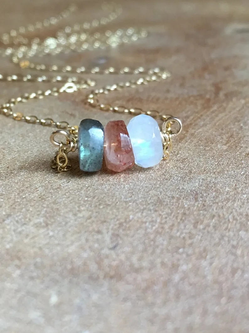 Healing Necklace - Raw Stone Necklace - Moonstone Labradorite Sunstone Necklace - Crystal Healing Jewelry - Silver or Gold