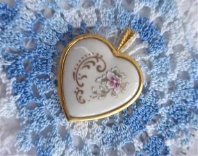 Heart Porcelain Pendant 1980s Pikard USA 24kt Gold Plated Danbury Mint Floral Motif