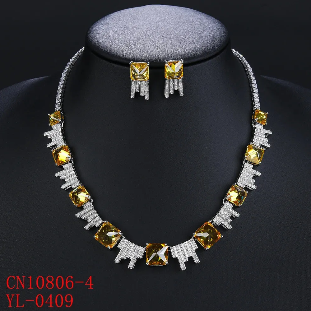 High Quality 4 Colors Zirconia Necklace Earrings Set  Bridal Wedding Jewelry Set Party Accessories CN10806