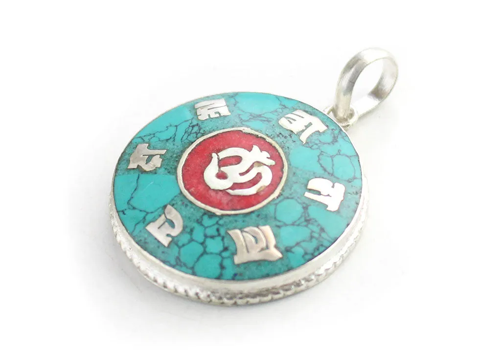 Hindu Om with Tibetan Mantra Inlaid White Metal Pendant