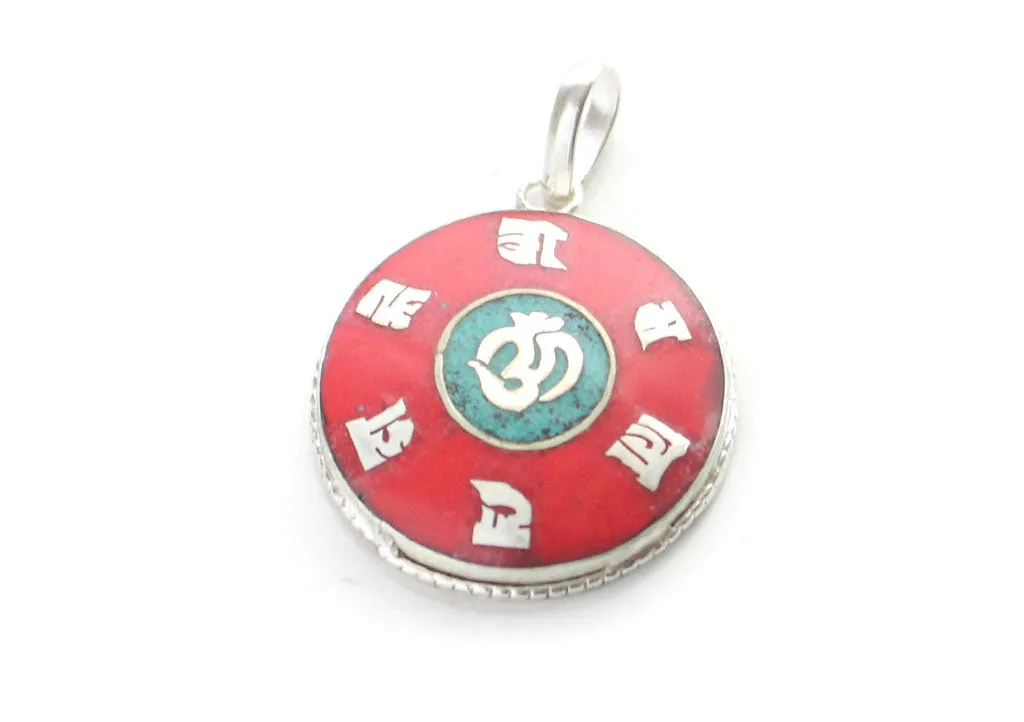 Hindu Om with Tibetan Mantra Inlaid White Metal Pendant