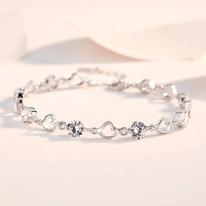 Hollow Heart with Zircon Beading Silver Bracelet for Women