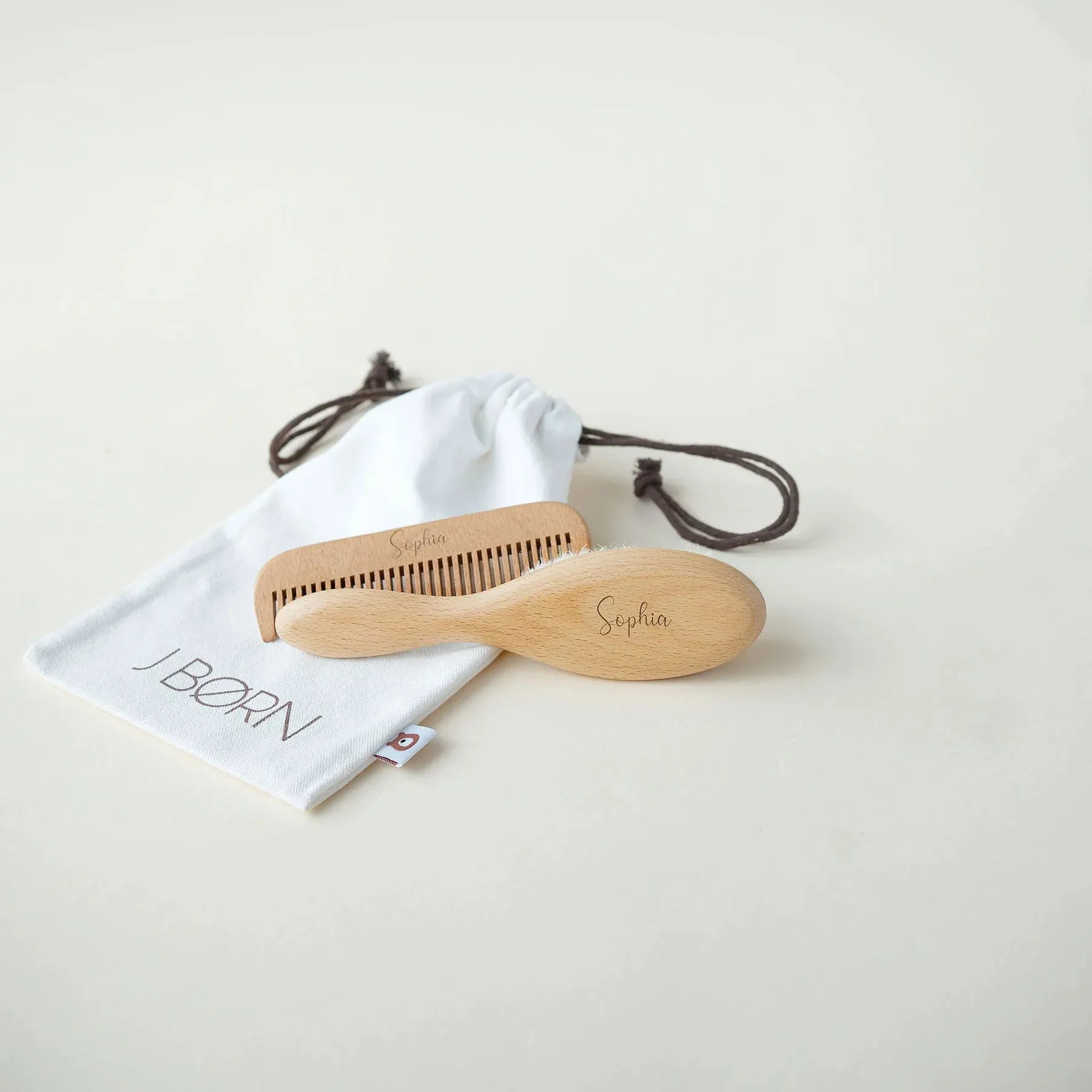 JBØRN Natural Beechwood Hairbrush & Comb Set | Personalisable