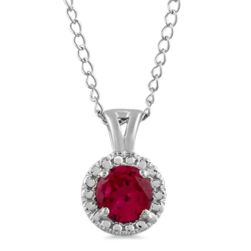 Jewelili 10K White Gold With Lab Ruby Halo Pendant Necklace, 18" Rope Chain