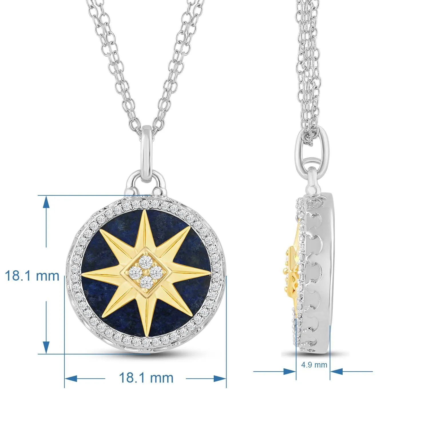 Jewelili 14K Yellow Gold and Sterling Silver 16 MM Lapis Lazuli with 1/4 Cttw Natural White Round Diamond Star Pendant Necklace