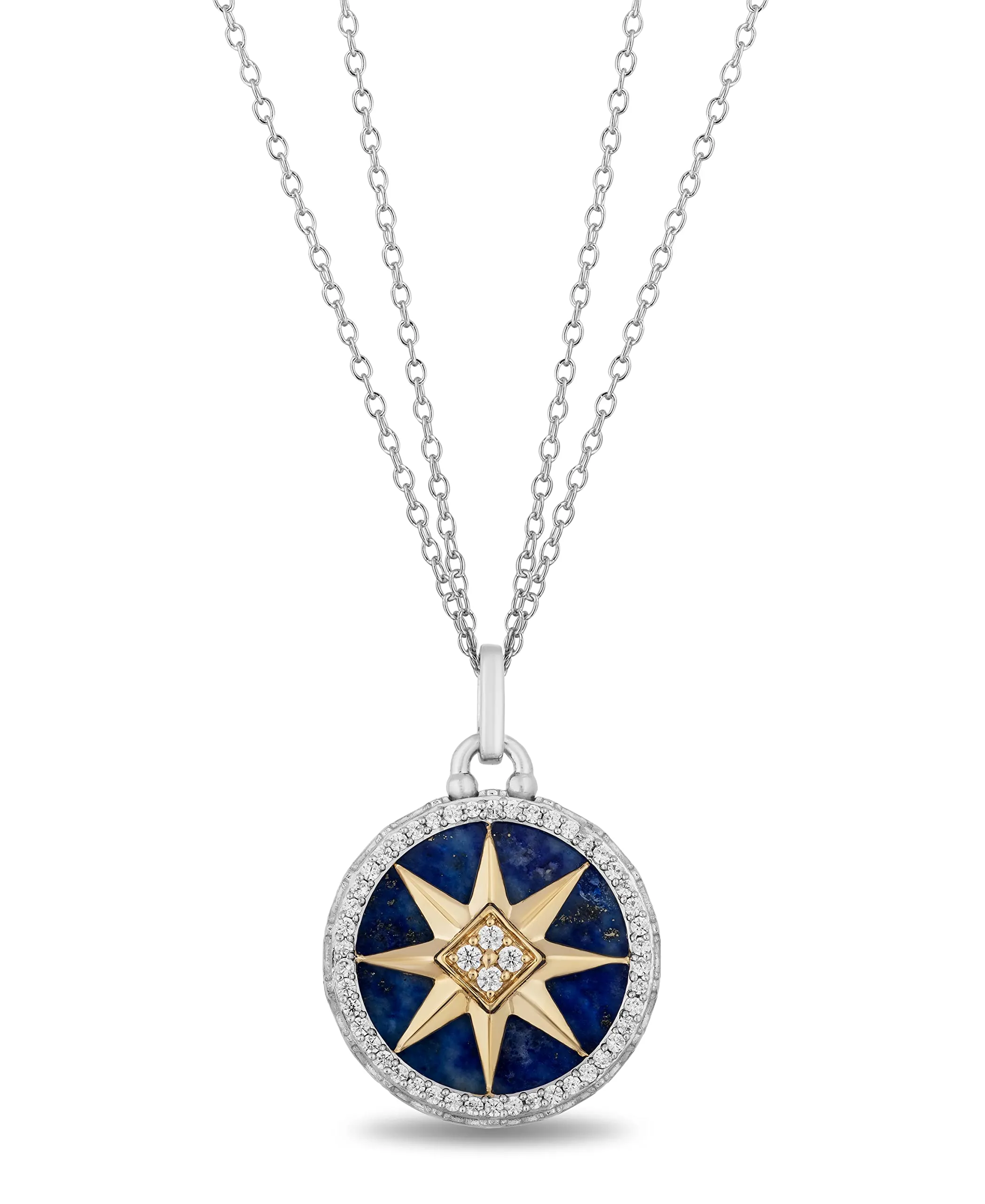 Jewelili 14K Yellow Gold and Sterling Silver 16 MM Lapis Lazuli with 1/4 Cttw Natural White Round Diamond Star Pendant Necklace