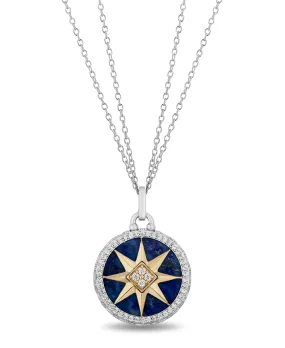 Jewelili 14K Yellow Gold and Sterling Silver 16 MM Lapis Lazuli with 1/4 Cttw Natural White Round Diamond Star Pendant Necklace