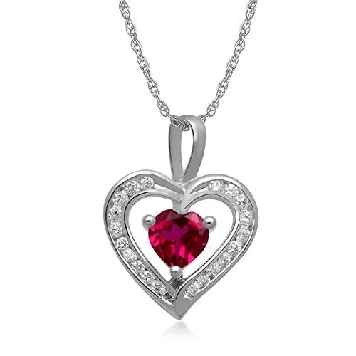 Jewelili Sterling Silver With Created Ruby and Cubic Zirconia Heart Pendant Necklace